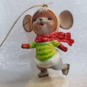 Vintage Skating Mouse Christmas Ornament Hong Kong Figurine Kitsch Holiday